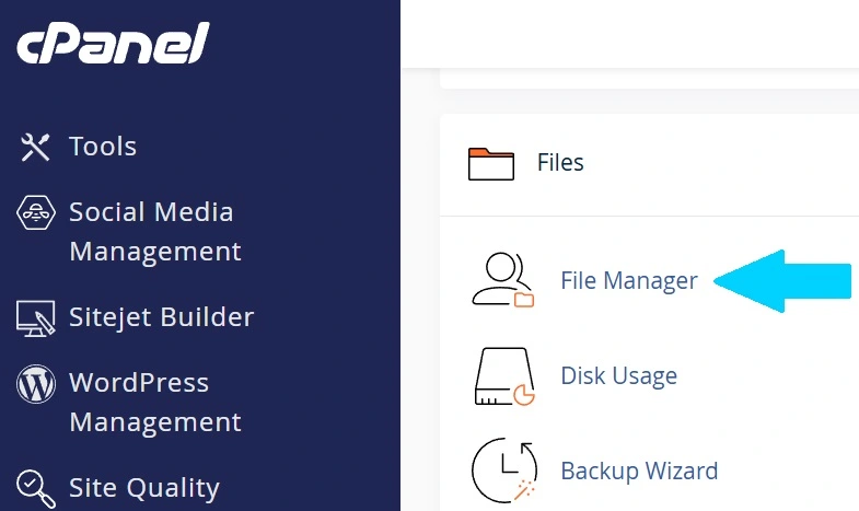The cPanel dashboard highlighting the File Manager icon