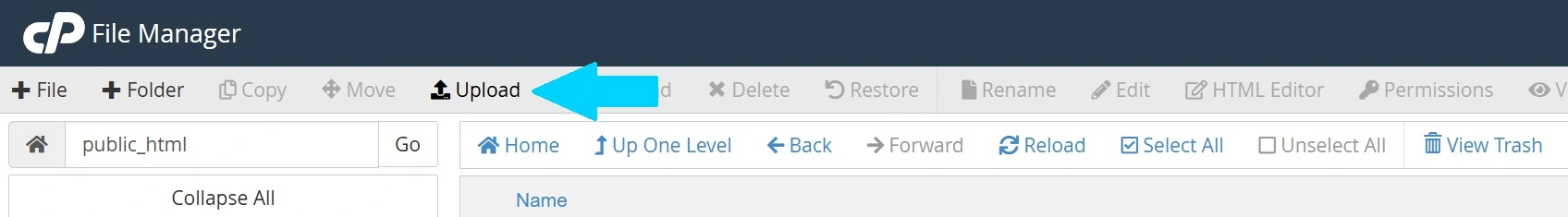 The File Manager top menu highlighting the Upload button